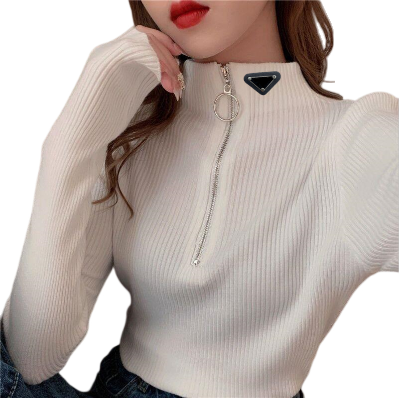 

Prrra Fashion Design Women's Tops Tees Blouses Long Sleeve Sweater Shirts Luxury Brand Lady Half Zip Half Turtleneck Slim Fit Bottoming Shirt, White