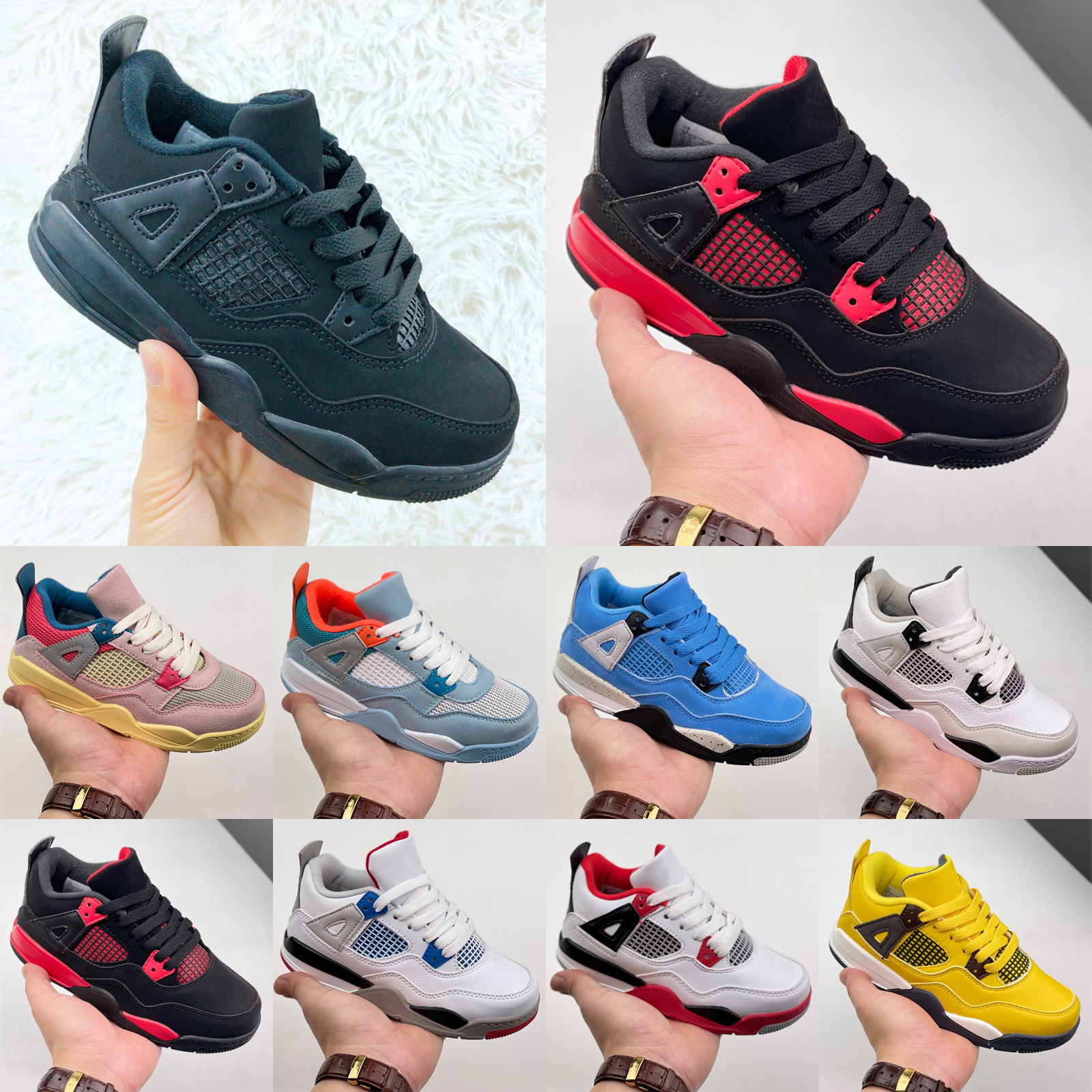 

Jumpman 4 4s Kids Basketball Shoes Raptors Bred Tattoo Tinker Black Cement Fire Red Thunder Big 5 5s Kids Youth Boys Sport Children Sneakers size 22-37, As photo 32
