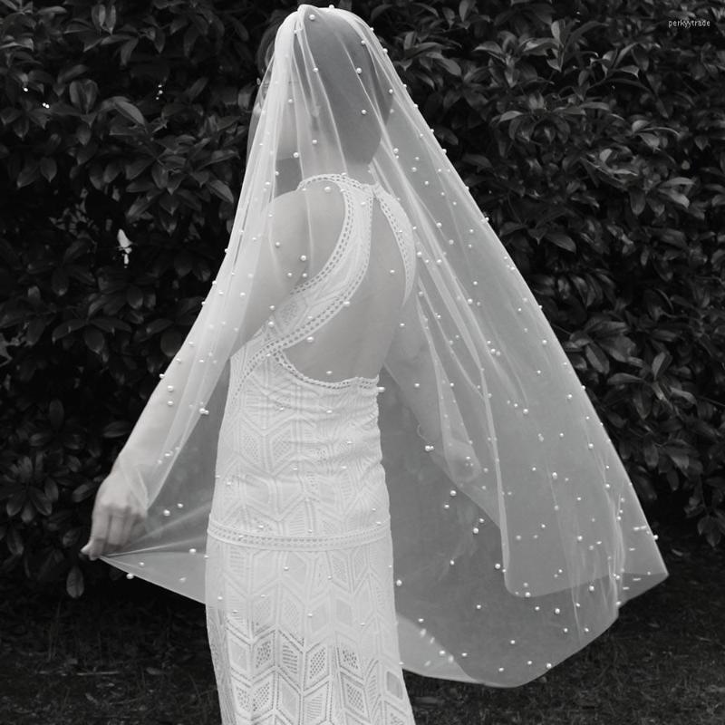 

Bridal Veils Short Wedding Veil With Pearls Elegant 120CM One Layer Pearl Metal Comb Bride Veu De Noiva, White