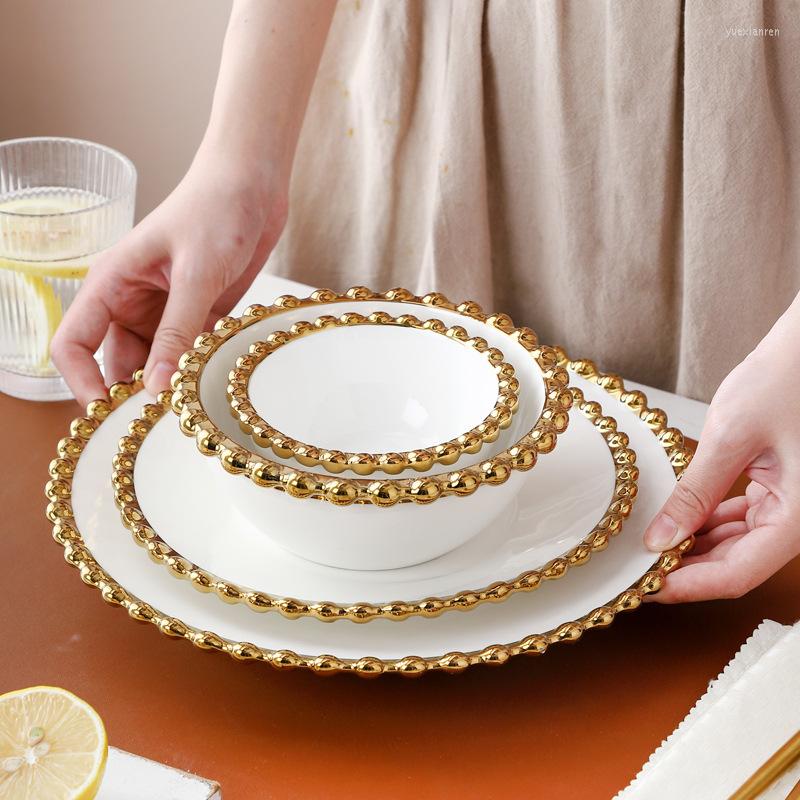 

Plates Nordic Ceramic Dinner Plate With Gold Beaded Rim Round Dessert Appetizer Serving Dishes Soup Salad Bowl Snack Container, 4.5 inch bowl