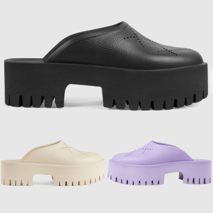 

Fashion women Slippers shoes Perforated Logo Slip-on Platform Rubber Mules Sandals black ivory purple men Classic Flat Summer Lazy Slides Outdoor Beach Sandal, 01 black
