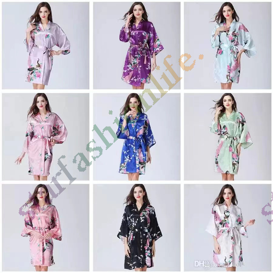

Homelee clothing Sexy Women' Kimono Robe Pajamas Printing Flower V-neck Loose Sleeve Kimono Sleepwear With Belt DH0669