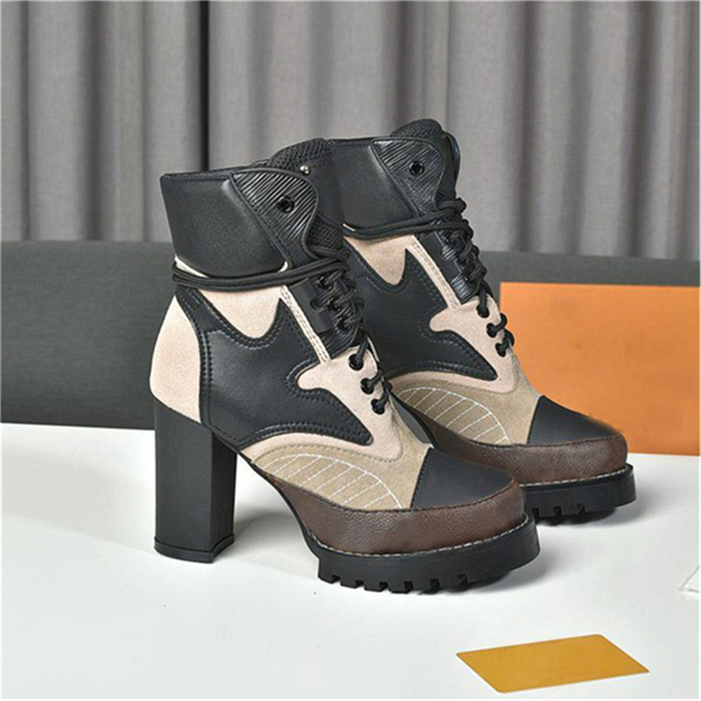 

2023 Designer Paris Iconic Star Trail Ankle Boots Treaded Rubber Patent Canvas And Leather High Heel Chunky Lace up Martin Ladys Winter Sneakers With Original Box