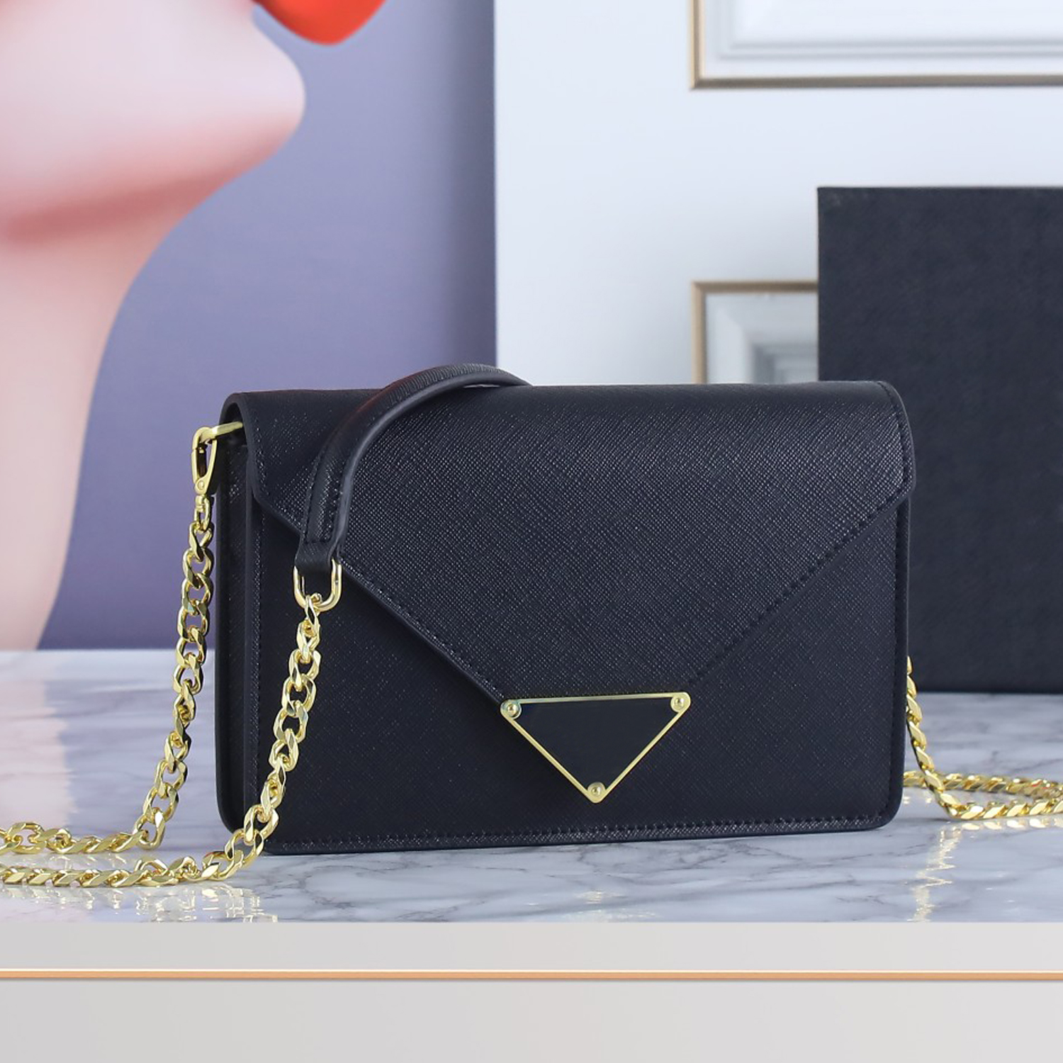 

7A Designer Flap Bags Saffiano Leather Crossbody Handbags Sheepskin Chain Shoulder Message Purse, Black