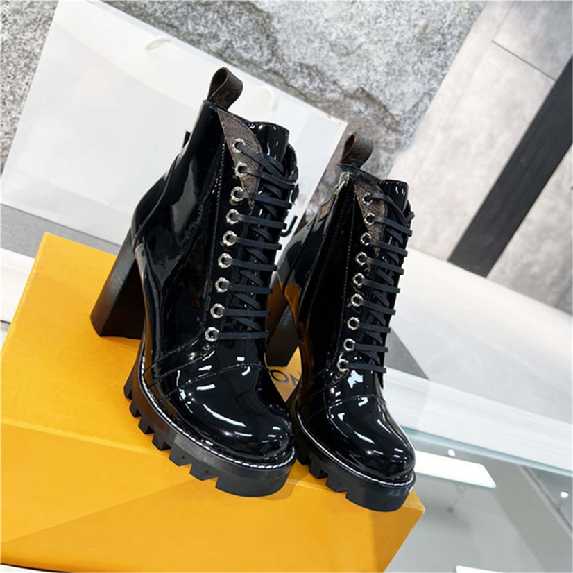 

2023 Designer Paris Iconic Star Trail Ankle Boots Treaded Rubber Patent Canvas And Leather High Heel Chunky Lace up Martin Ladys Winter Sneakers With Original Box