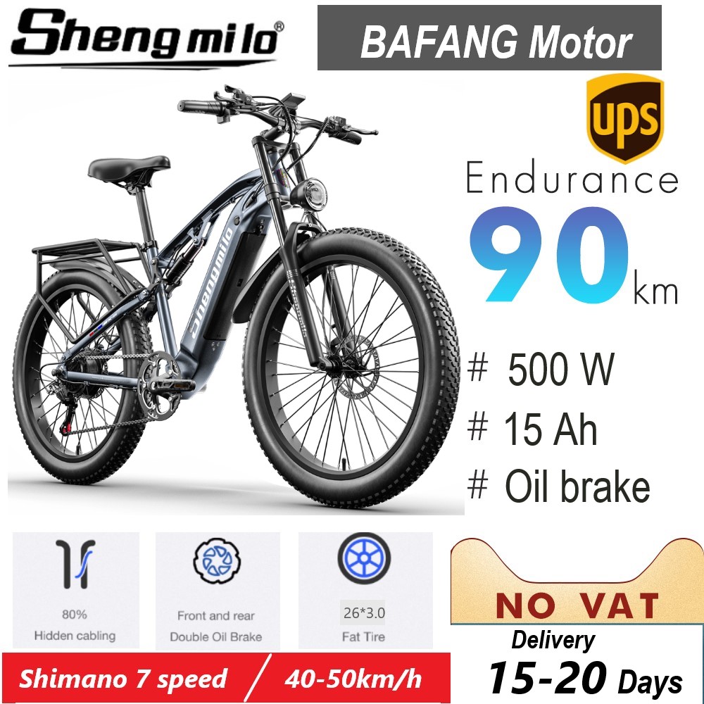 

26 Inch Electric Bicycle E-bike 500 W Mountain Bike 3.0 Fat Tire City Moped Shimano 7 Speed MTB Shengmilo E Bikes Snoebike 15Ah 48 V Men's Recreational Bike, Grey