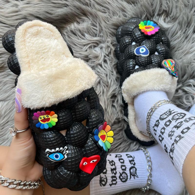 

Slippers Winter Fluffy Bubble Slipper Sandals Women Plush Unisex Warm Furry Home Slides Designer Cute Massage With Charms, Pink