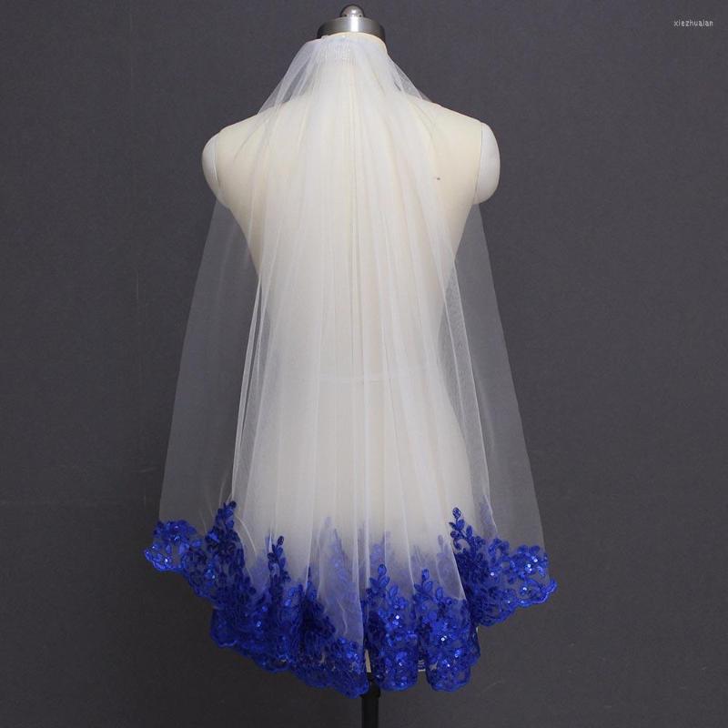 

Bridal Veils Royal Blue Sequined Lace White Ivory Veil One Layer Short Shine Wedding With Comb Velos De Novia