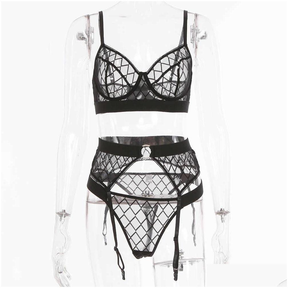 3piece plaid lace bra set womenwork mesh lingerie set ladies black sexy underwear set with underwire