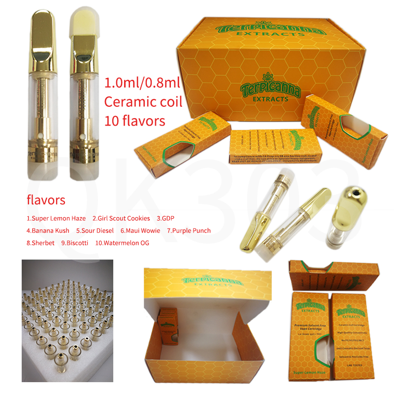 

Terpicanna E Cigarettes Vape Cartridge Ceramic Coil Atomizers 510 Thread Carts Full Gold Flat Mouth 1.0ML Empty Thick Oil Cart Vaporizer with Gift Box