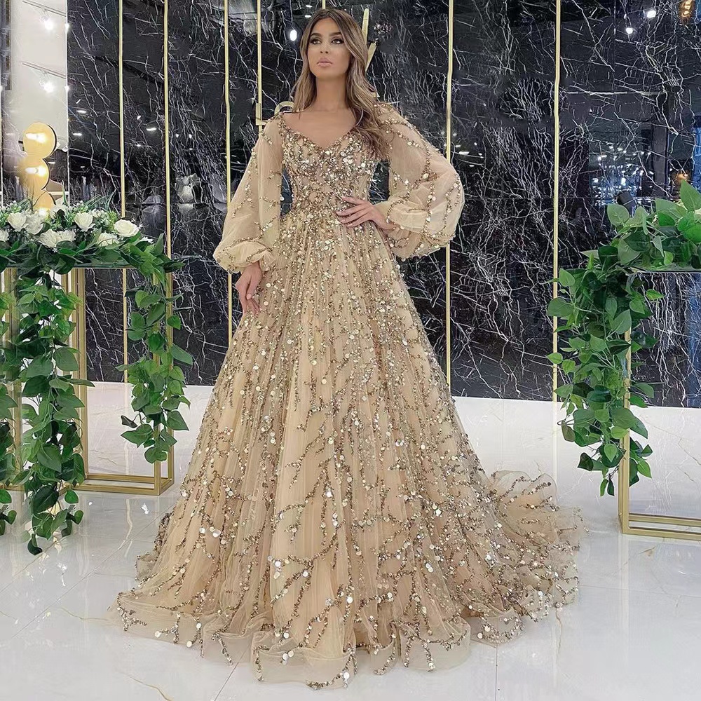 Luxury Lace Evening Dresses Beaded gold sequined Long Sleeve Prom Dress Appliqued Formal Party Gowns Pageant Wear Custom Made Vestido de novia-image-835989317