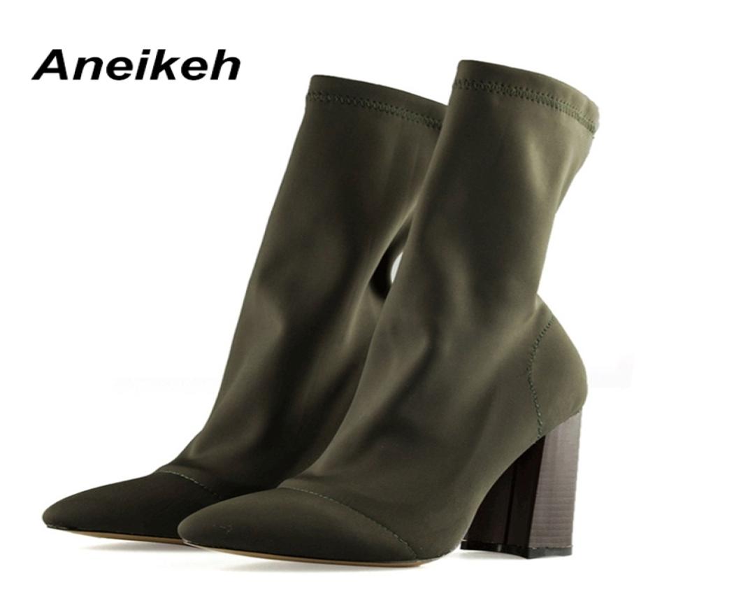 

Aneikeh Women039s Boots Pointed Toe Yarn Elastic Ankle Thick Heel High Heels Shoes Female Socks Spring 2201219715491, Black