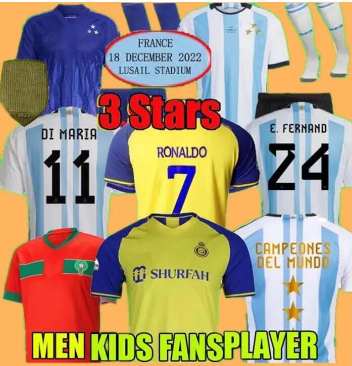 2022 2023 Argentine Final Soccer Jerseys 3 Stars Di Maria Al Nassr FC 22 23 Ronaldo Maroc Hakimi De Paul Football Uniforms Shirts Alvarez Men Kid