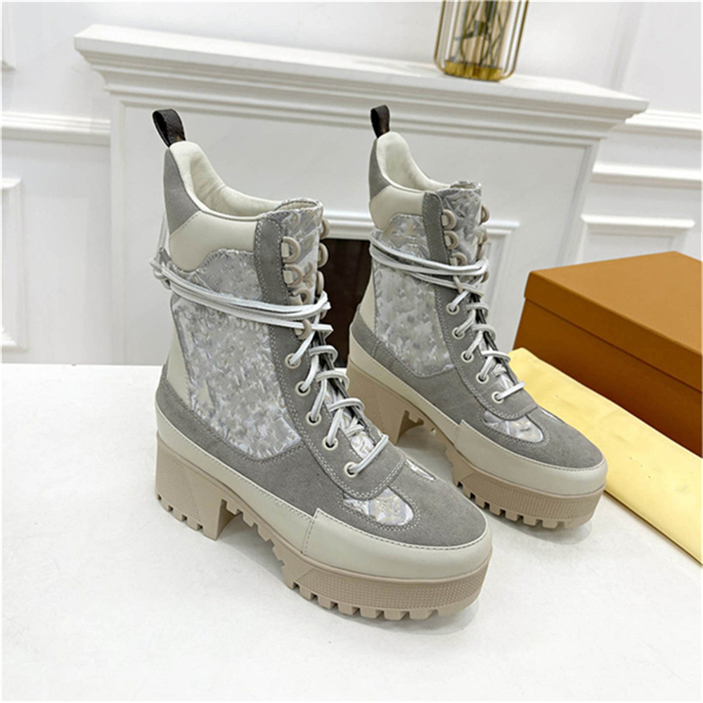 

Women Designer Laureate Platform Desert Boots Suede Calf Leather and Patent Canvas Back Loop Treaded Rubber Outsole Martin Winter Sneakers Size 35-43