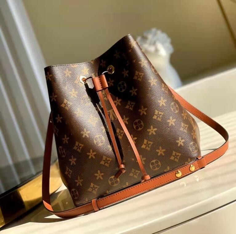 

luxury Famous Designer Women Fashion handbags Shoulder Bags Cross Body Clutch Bag Bucket Plain Leather String Zipper Pocket handbag, Brown flower / red inside