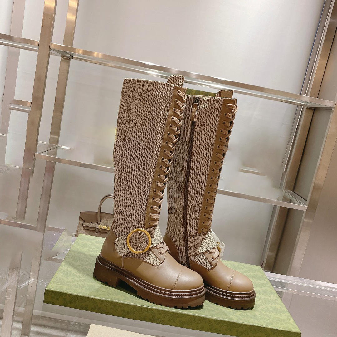 

Luxury Designer Women Motorcycle rebellion Boots Comfortable Leather Elastic Fabric With Zipper Fashion Knee Height Booties, Coffee