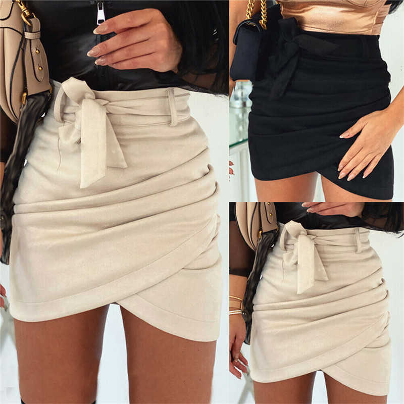 

Skirts High waist belt suede leather female Spring Fall irregular bodycon mini Sexy streetwear women bottom Bandage skirts 0110, Black