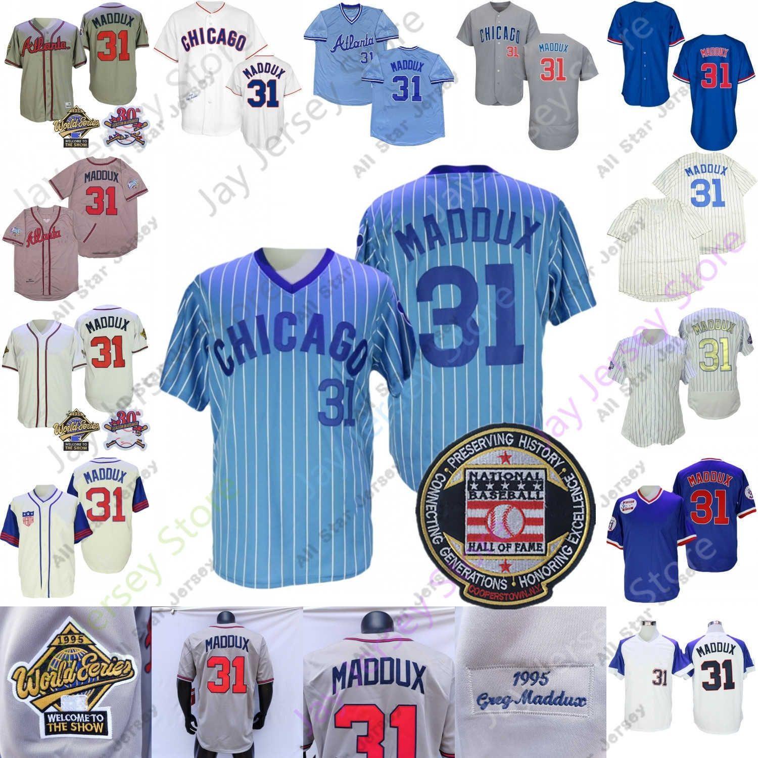 

CUSTOM Baseball Jerseys Greg 31 Maddux Vintage Jersey 1995 WS Grey White Baby Blue Pinstripe Player Cooperstown Pullover Hall Of Fame Patch