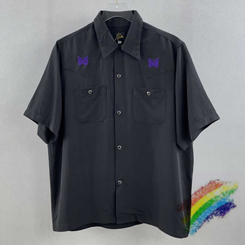 

Men's T-Shirts Black Needles Button T Shirt Men Women Purple Butterfly Needles T-shirt High Street Pockets AWGE Blouse T230111