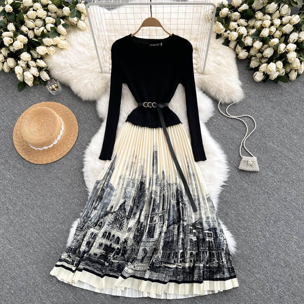 

Women's o-neck long sleeve knitted high waist with belt ink print pleated maxi long dress MLXLXXL, Black
