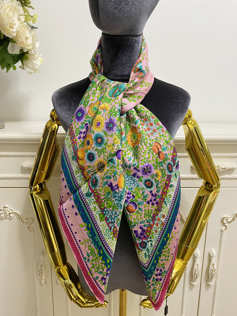 

Women's square scarf scarves 100% twill silk material pink color pint letter flowers pattern size 110cm- 110cm