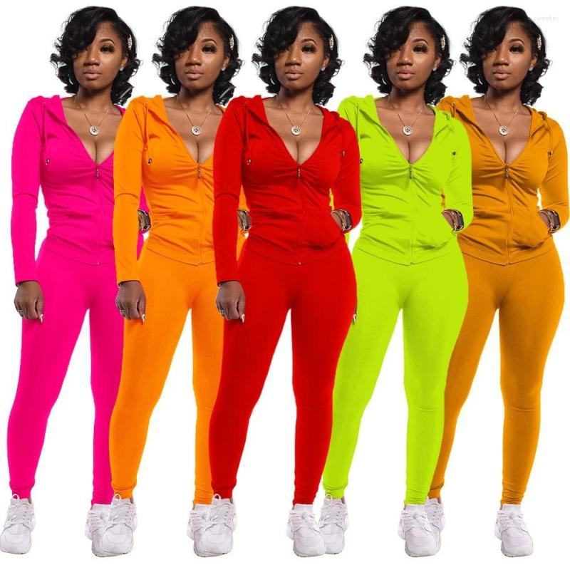 Women&#039;s Two Piece Pants 2023 Fall Fashion Neon Sets For Women 2 Tracksuit Set Long Sleeve Hooded Jacket With Zipper Pencil Outfits-image-836044251