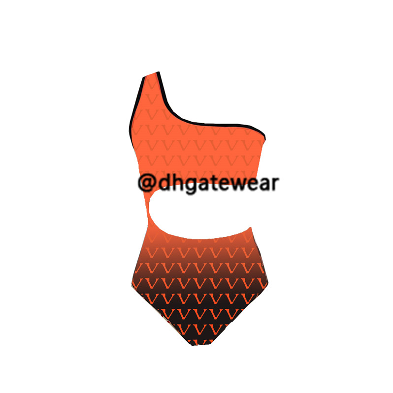 

Sexy One Shoulder Swimwear Textile Gradient Letter Bathing Suit Women Hollow Out Backless Swimsuit, As show