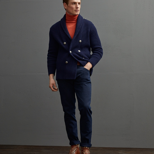 

Men Jacket Brunello Cucinelli Wool Cashmere Winter Knitted Cardigan Striped Lapel Blue Business Casual
