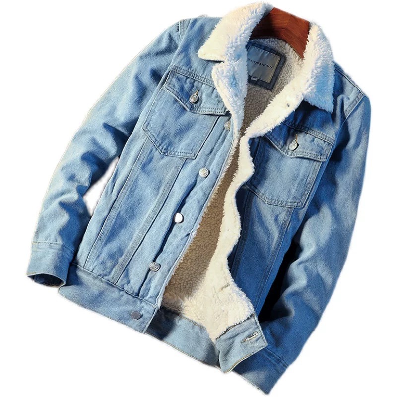 

Designer winter thickened denim jacket men's baseball clothing tide brand men's fall winter lamb coat, Black