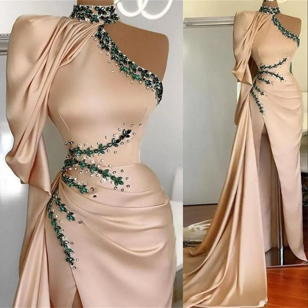 

2023 Sexy Champagne Prom Dresses High Neck Illusion Crystal Beads Side Split Satin Mermaid Long Sleeve Floor Length Party Dress Evening Gowns, Same as picture