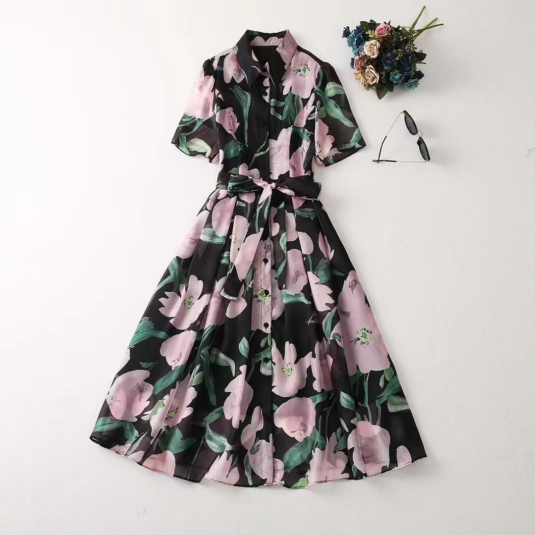 

Casual Dresses European and American women' clothes 2023 spring new Short sleeve floral print lapel belt fashion Pleated Dress XXL, Black