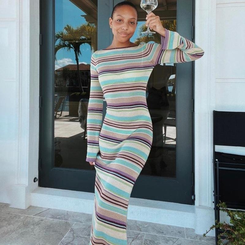 

Casual Dresses Elegant Striped Print Long Dress For Women Sexy Backless Sleeve Bodycon Club Party Streetwear Fall Clothes, Print dress