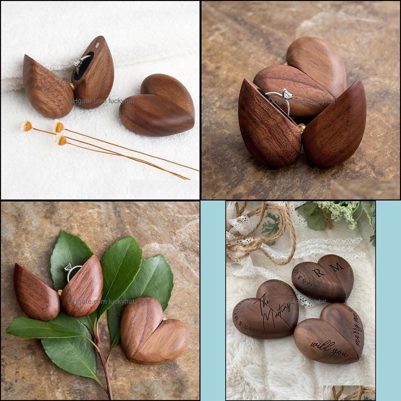 heart shaped walnut wood ring box velvet soft interior holder organizer jewelry wooden box for proposal engagement c3