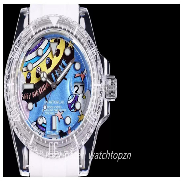 

KZ factory designer watches size 40mm Glass crystal series Swiss cal.3135 automatic movement sapphire mirror crystal case luminous rubber strap lucency men's watch, As picture
