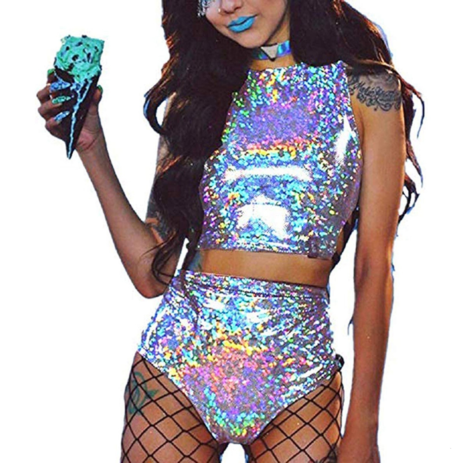 

Women s Two Piece Pants Women Rave Holographic Bodysuit Mini 2Pcs Hologram Metallic Crop Top and Shorts Outfits for Dance Party Clubwear 230111, Black