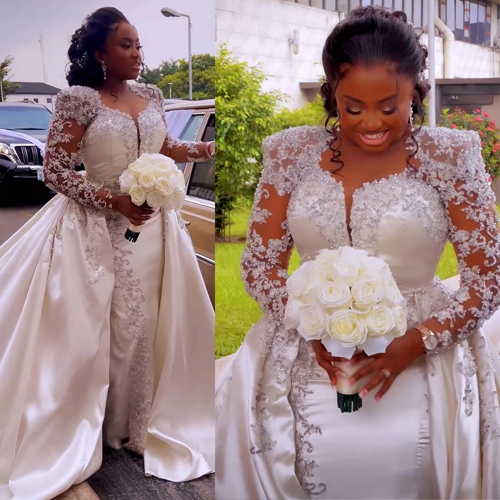 

Ivory Lace Mermaid Wedding Dresses 2023 Beaded Pearls Bridal Gown With Detachable Train Long Sleeves Plus Size Africa Mariages, Gold