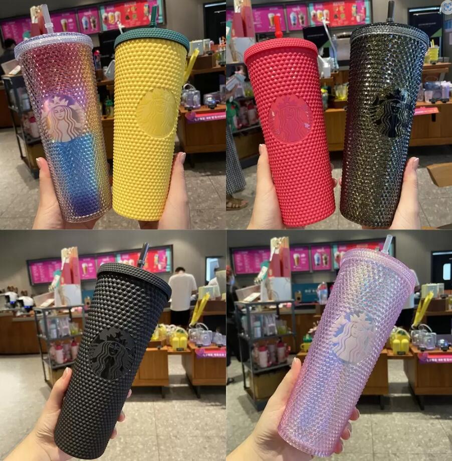 

24oz Personalized Starbucks Mugs With Logo Iridescent Bling Rainbow Unicorn Studded Cold Cup Tumbler Coffee Mug with Straw Reusable U0222, Light yellow