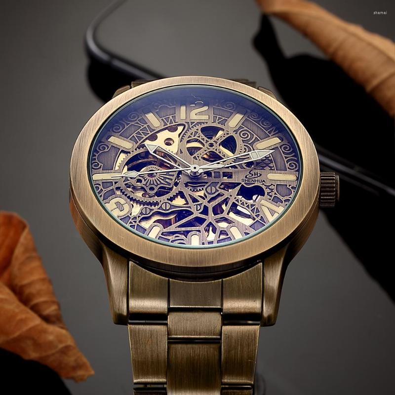 

Wristwatches Mens Wrist Watch Mechanical Retro Bronze Tone Stainless Steel Bracelet Skeleton Steampunk Male Clock Automatic Relogio, Brown