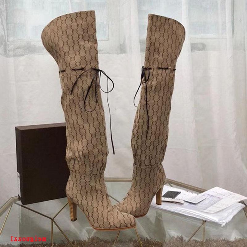 Designer Women Boots Top Quality Genuine Leather Red Beige Canvas over the knee boot's Zipper Laces fashion luxury High Heel Women Xema