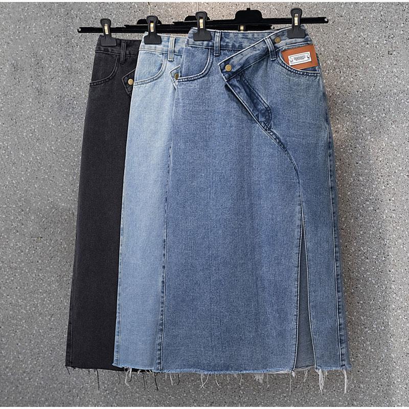 

Skirts Sexy Aesthetic High Split Denim Skirt XXL Street Korean Style Jeans Mid Length For Women Vintage Jean Midi Faldas Mujer, Black