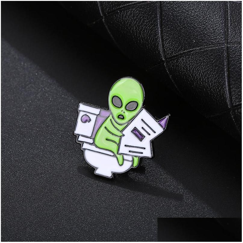 

Pins Brooches Cartoon Funny Alien Brooch For Cute Girls Enamel Pin Et Reading Newspaper In Toilet Metal Badges Jewelry Small Women Dhauh