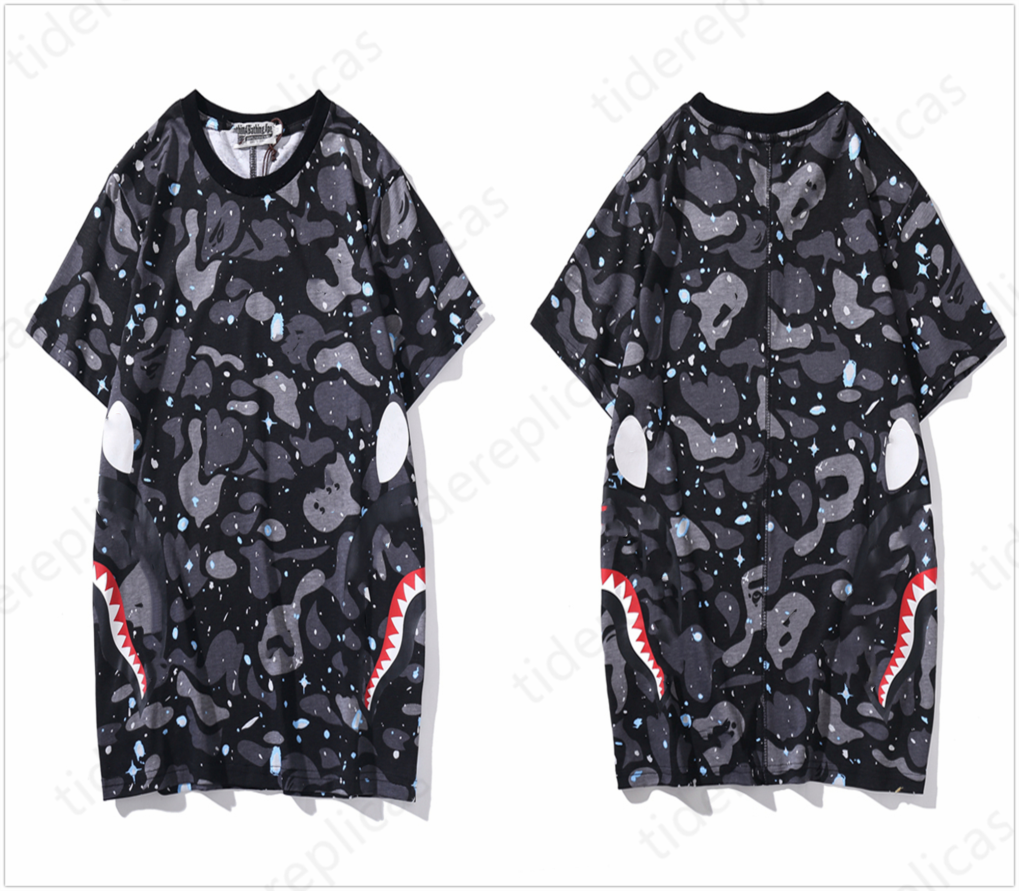 

mens designer clothes Shark t shirt tshirts graphic tees clothing clothes t-shirt camouflage glow-in-the-dark star patchwork t-shirt Shark Head Flame Camo cotton C1, No.6