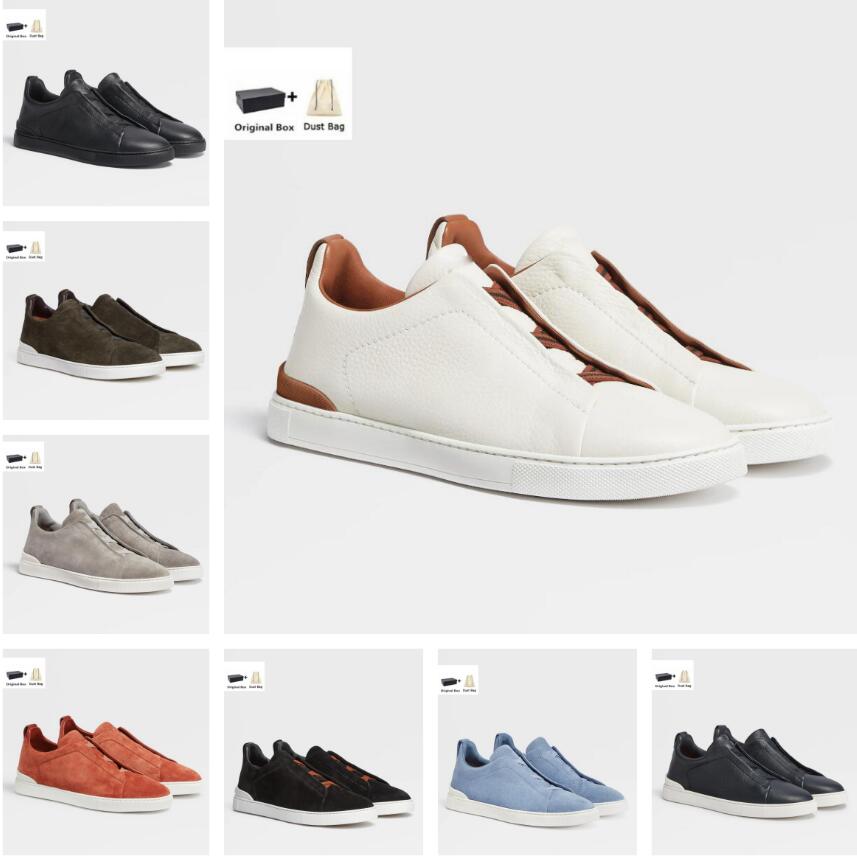 

Low Top Men Triple Stitch Sneakers Shoes Comfortable Slip-on Casual Flats Lightweight Flexible Rubber Outsole White Black Trainers