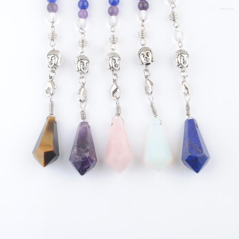 

Pendant Necklaces Wholesale 5Pcs Natural Stones Cone Buddha Head 3D Pendulum 7 Chakra Chain For Dowsing Wicca Hexagon Reiki Amethysts Lapis