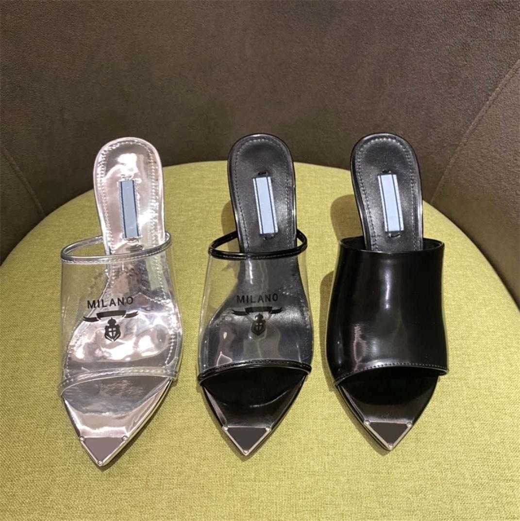 

Designer Women Sandals Triangle Printed Plexiglass Heels Luxury Milano Slides Chunky High Heel 7.5cm Silver Metallic Leather, Color 1