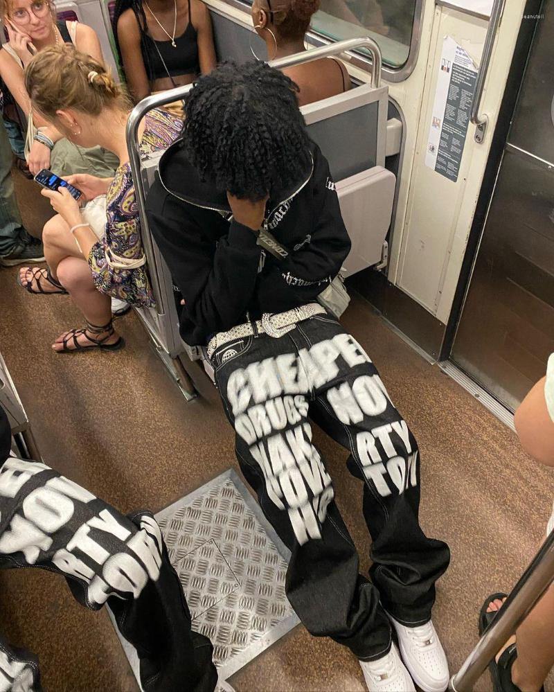 

Men' Jeans Y2K Street Trend Letter Print Black Pants Gothy Loose Straight Wide Leg Hip-hop Men Dragging Casual, Colour