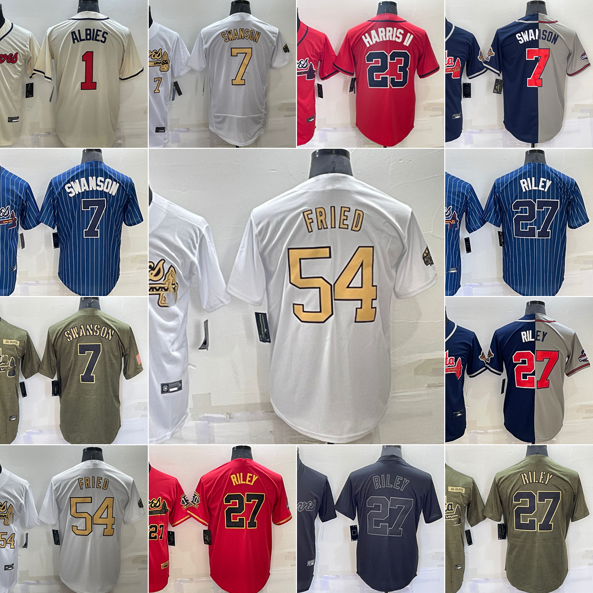 

54 Max Fried 2023 S-6XL New Baseball Jersey 27 Austin Riley 1 Ozzie Albies 7 Dansby Swanson 13 Ronald Acuna Jr. 23 Michael Harris II Blank Jersey Custom, As picture(with team logo)