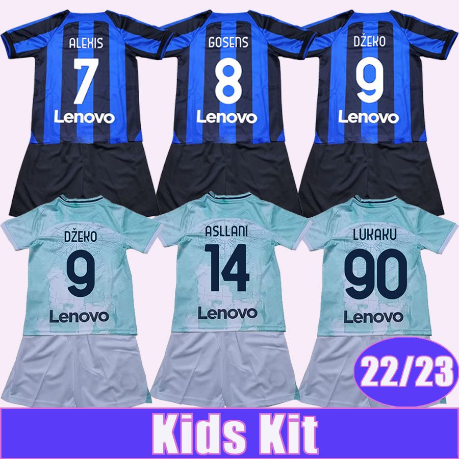 

22 23 ALEXIS LUKAKU Kids Kit Soccer Jerseys J. CORREA BARELLA LAUTARO DZEKO CALHANOGLU BROZOVIC GOSENS Home Away Football Shirt, Tz1145922 23 away no socks