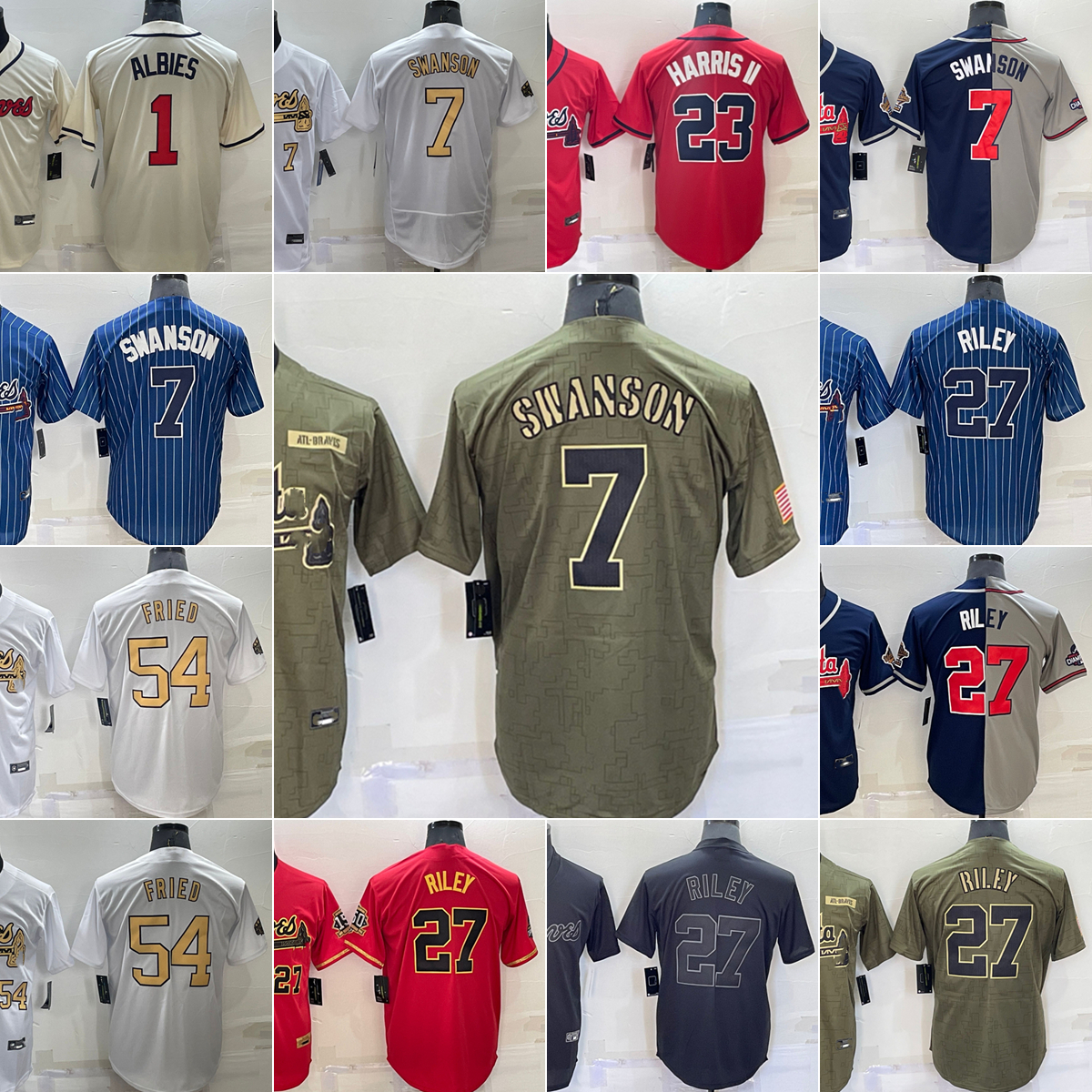 

2023 New Baseball Jersey 54 Max Fried 27 Austin Riley 1 Ozzie Albies 7 Dansby Swanson 13 Ronald Acuna Jr. 23 Michael Harris II Blank Shirt Customizable up to 6XL, As picture(with team logo)