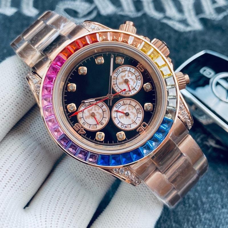 Montre Homme Jour Date Automatique Mécanique Verre Saphir Rainbow Diamond Montres Noir Acier Inoxydable 41mm Montre-Bracelet D'affaires Montre De